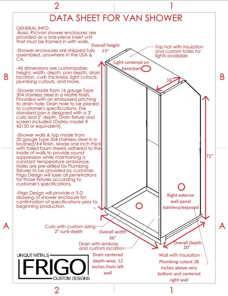 Fabricator data sheet for a custom stainless steel van shower enclosure