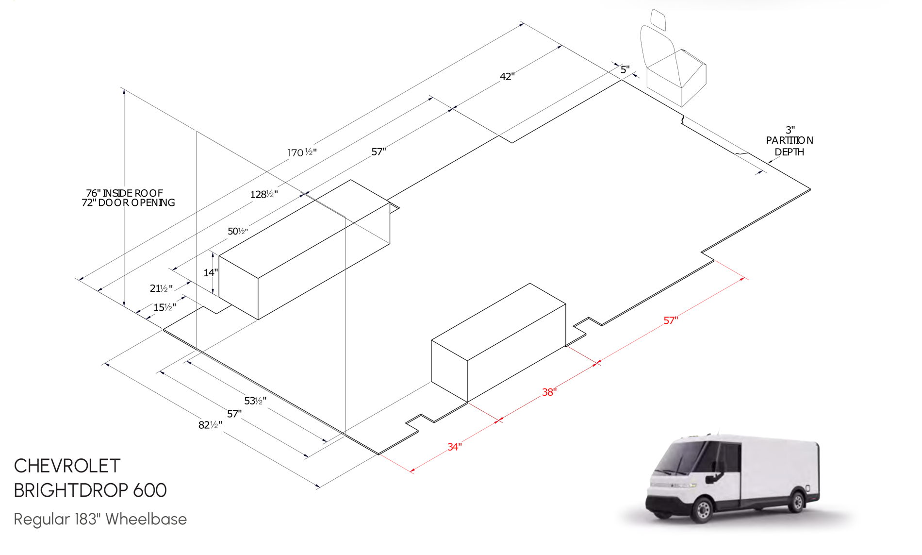 Ranger Design upfitter layout guide drawing for the Chevrolet BrightDrop 600 on the regular 183-inch wheelbase: an isometric view of the empty cargo bay with two unlabelled rectangular boxes, dimensioned with 76 inch inside roof, 72 inch door opening, 3 inch partition depth, 170.5 inch overall length split into 128.5 and 42 inch wall runs, 82.5 inch overall width, and a red 34/38/57 inch chain along the curbside floor edge